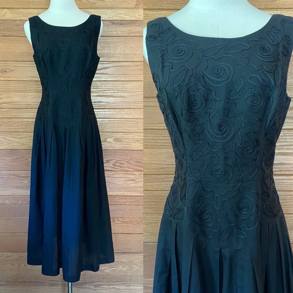 Vintage 80s 90s Sarah Elizabeth black cotton blend pleated midi dress